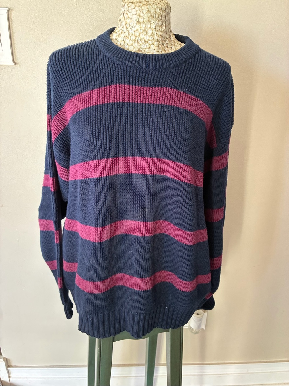 Vintage 90s Eddie Bauer Navy Crewneck Sweater with Pink Stripes